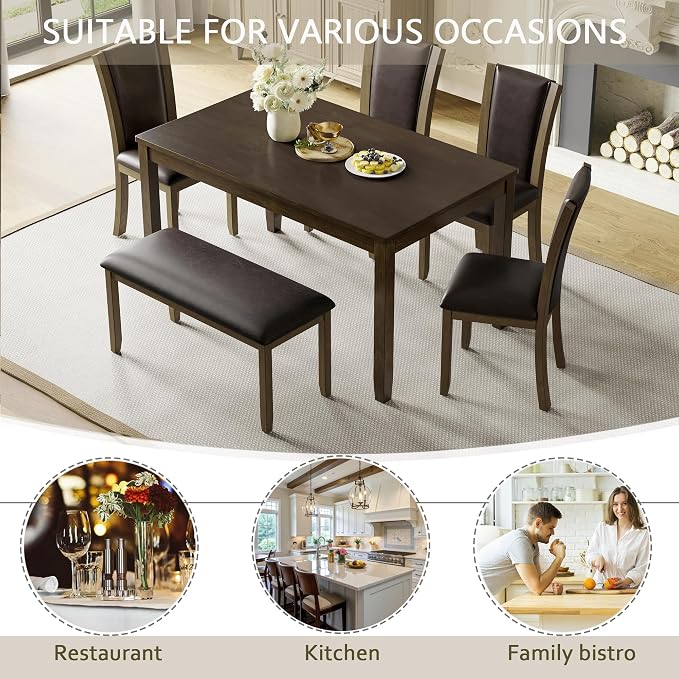 6-Piece Dining Table Set with Bench and Chairs - Solid Wood Kitchen Dining Room Table Set in Farmhouse Rustic Style, Table Set for 6 with 4 Chairs and Bench Seat.(Dark Walnut_Large) - Image 6