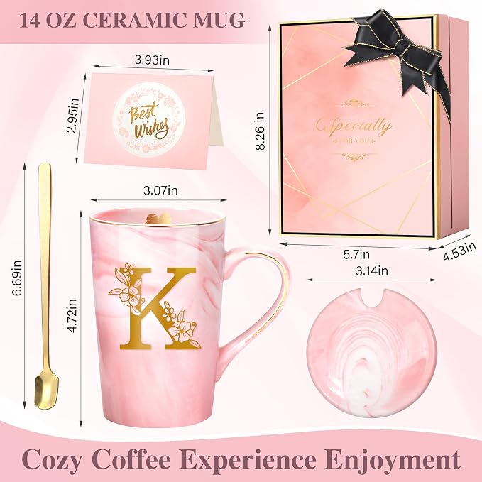 Coffee Mugs - Personalized Gifts for Women, Initial Customized Ceramic Marble Cups 14 Oz Pink, Luxury Christmas Mother's Day Birthday Gift for Mom Grandma Girlfriend Friend Unique,K - Image 4