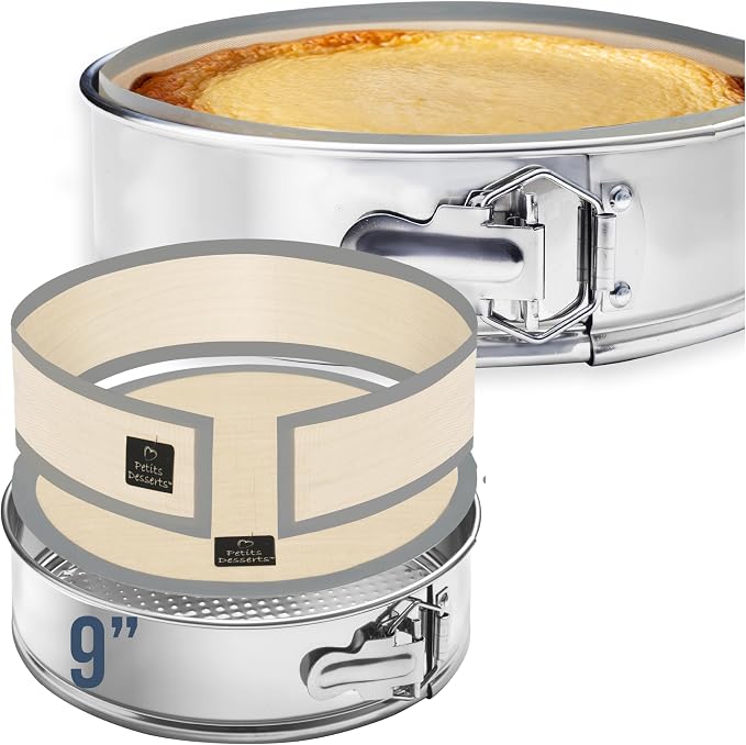Springform Pan 9 Inch, Stainless Steel with 2 NON-STICK SILICONE LINERS | DISHWASHER SAFE and Non Toxic Materials, No Coating Peeling, REUSABLE LINERS - Skip the Parchment, Great For Cheesecakes by PetitsDesserts