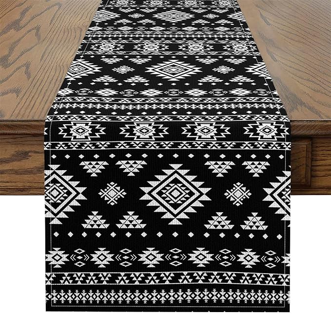 Feelyou Khaki Southwestern Aztec Table Runner Western Bohemian Kitchen Dining Decoration for Home Party 13x108 Inch Geometric Vintage Home Decor for Living Room Boho Tribal Black and White - Image 2