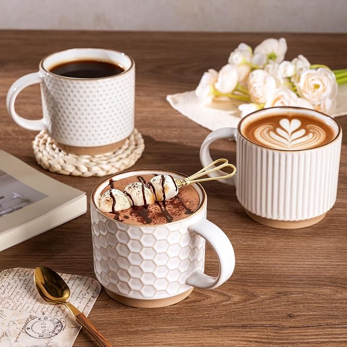 GBHOME 12OZ Stackable Coffee Mugs, Ceramic Coffee Mugs with Texture Patterns for Man,Woman,Dad,Mom, Modern Coffee Mugs Set of 4 for Latte/Cappuccino/Cocoa. Dishwasher&Microwave Safe, Off White | 4 Assorted Designs, Embossed Mugs with Texture Patterns f... - Image 5