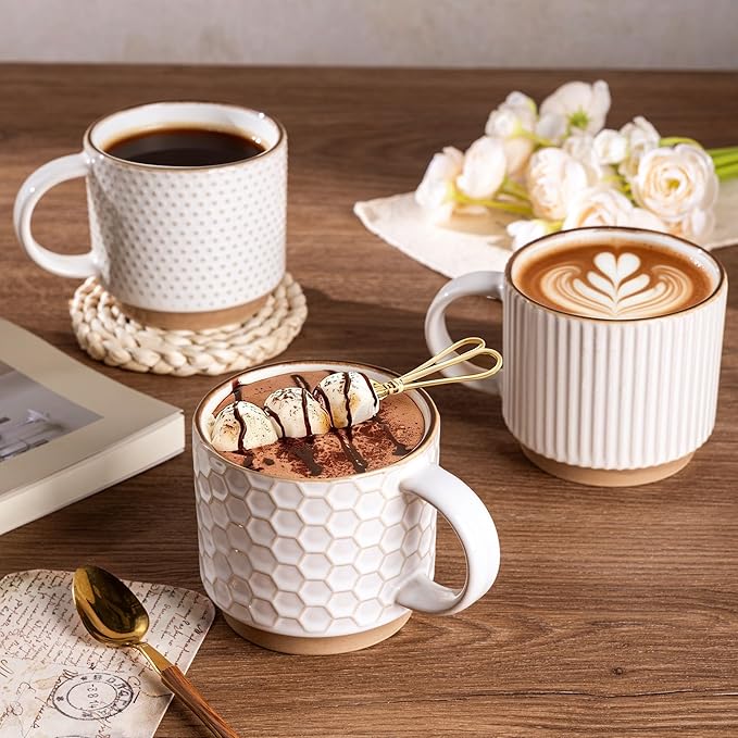 GBhome 6 OZ Stackable Coffee Mugs Set of 4, Ceramic Espresso Coffee Cups | Coffe Cups With Saucer and Stand, Dishwasher&Microwave Safe, 4 Assorted Designs - Image 6