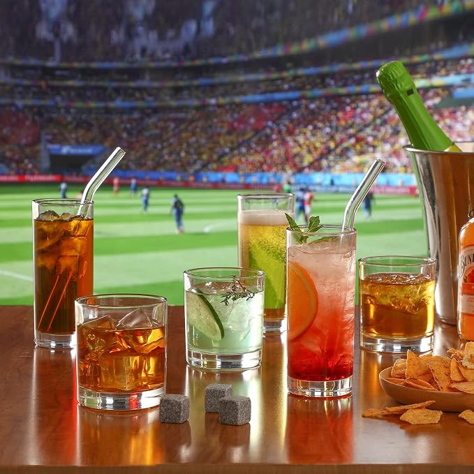 [ 12 Pack ] Glass Cups with Glass Straws, 12oz Highball & Rock Drinking Glasses, Everyday Drinkware Glasses Set, Cute Tumbler Cup, Kitchen Glasses for Iced Coffee, Water, Beer, Cocktail, Whiskey Gift. - Image 3