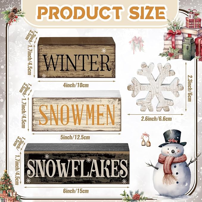 Moucuny 4 Pcs Winter Table Decorations Wooden Snowflake Decor Christmas Tiered Tray Decor Rustic Snow Block Signs Gift Farmhouse Christmas Centerpiece for Winter Wonderland Party Kitchen Shelf Home - Image 3