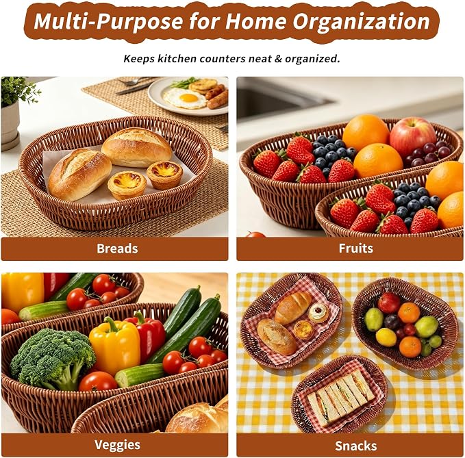Set of 3 Oval Imitation Rattan Storage Baskets, Dark Brown, 11 x 8 x 2.6 in | Washable PP/PE shallow organizer bins with metal frame for kitchen counter, pantry, tabletop, fruit, bread, snacks and gifts. - Image 5