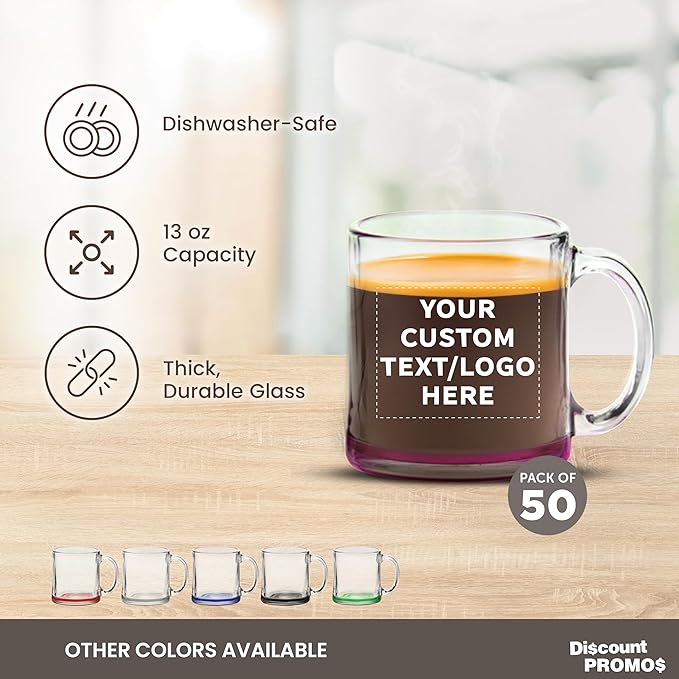 Custom Libbey Clear Glass Coffee Mugs 13 oz. Set of 50, Personalized Bulk Pack - Perfect for Coffee, Tea, Espresso, Hot Cocoa, Other Beverages - Pink Bottom