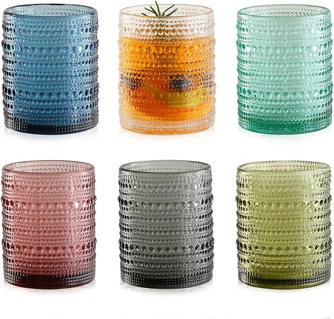 KMIGRUAN Colored Hobnail Drinking Glasses Set of 6,12oz Vintage Kitchen Glassware,Embossed Beaded Glass Cups,Water Tumbler for Cocktail,Juice and Various Mixed Drinks by KMIGRUAN