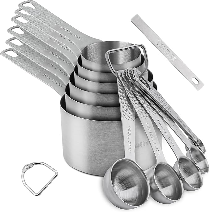 18/8 Stainless Steel Measuring Cups and Spoons Set 14 for Baking & Kitchen, Metric & US Metal 6 Measuring Cups and 7 Measuring Spoons with 1 Leveler