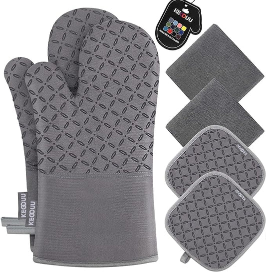 KEGOUU Oven Mitts and Pot Holders 6pcs Set, Kitchen Oven Glove High Heat Resistant 500 Degree Extra Long Oven Mitts and Potholder with Non-Slip Silicone Surface for Cooking (Grey) by KEGOUUOvenMitt