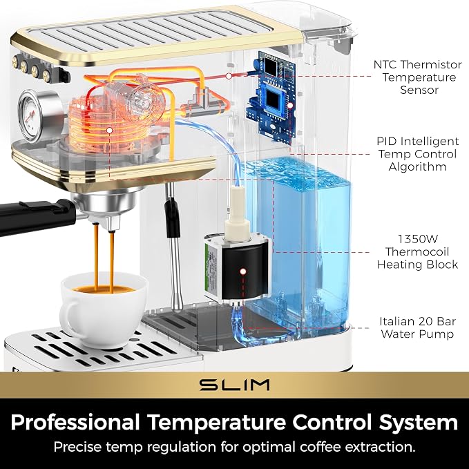 CHULUX Slim Espresso Machine with Milk Frother for Home Latte, White & Gold | Precise Pressure Gauge, Food-Grade Materials, 20 Bar Italian Pump, Professional Temperature Control System, Stainless Steel - Image 4