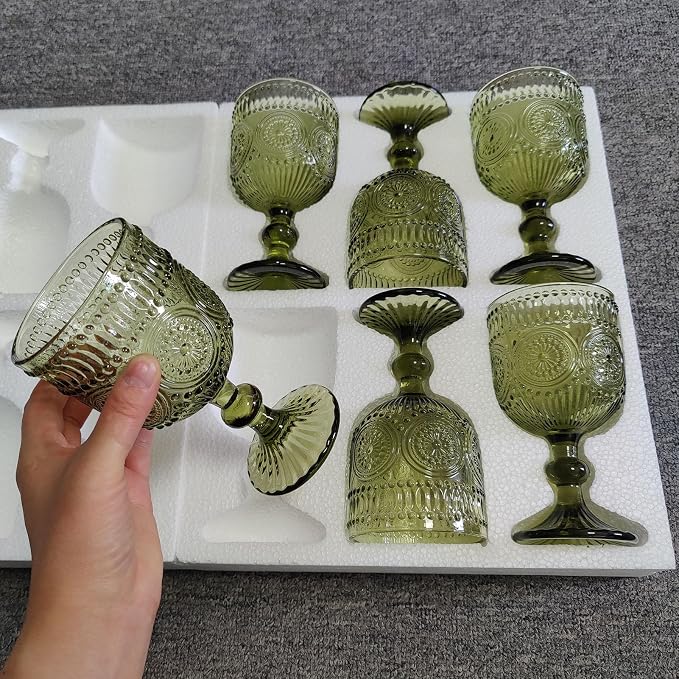 Taganov Green Wine Glasses Drinking Water Goblets set of 6 Vintage Colored Glassware 12 Ounces Sunflower Stemmed Cups for Wedding Party Bars Restaurants - Image 4