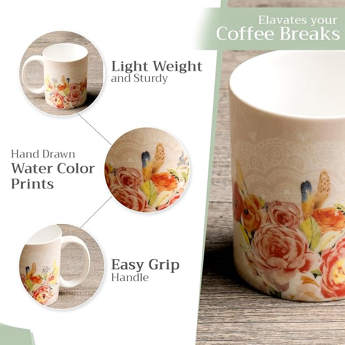 Maison d' Hermine Coffee Mug with Handles Tea Cups (12 Ounce, Pack of 1) | Fine Bone China Coffee Mugs for Hot Beverages Cappuccino Latte Home Restaurant Hotel Spring Summer -Ibiza - Beige - Rose - Image 5