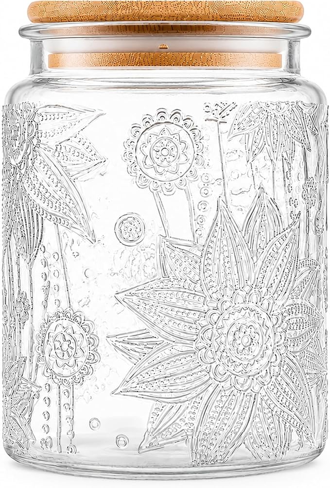 Vintage Glass Jars With Lids, 23.7oz Airtight Food Storage Containers,Kitchen Canisters For Sugar, Coffee, Tea, Spice, Flour, Candy Cookie, Pasta, Cereal, Cute Decorative Jars(Sunflower*1) by Custde