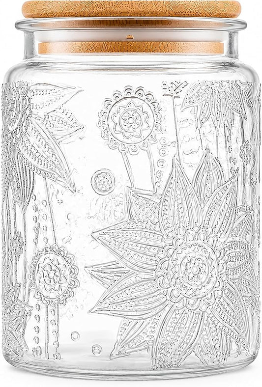 Vintage Glass Jars With Lids, 23.7oz Airtight Food Storage Containers,Kitchen Canisters For Sugar, Coffee, Tea, Spice, Flour, Candy Cookie, Pasta, Cereal, Cute Decorative Jars(Sunflower*1) by Custde