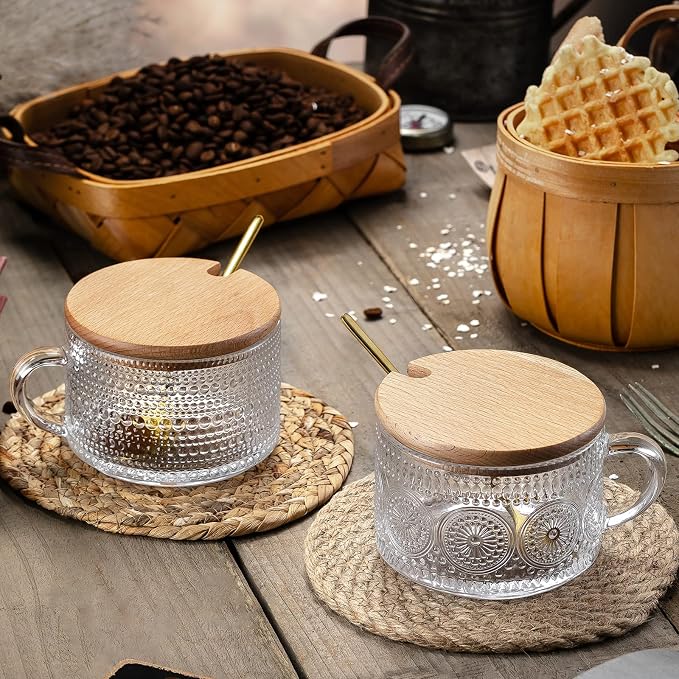 Gezzeny Vintage Glass Coffee Mugs with Wooden Lids 14 Oz Set of 2 Embossed Tea Cups for Cappuccino, Latte,Cereal, Beverage Christmas Thanksgiving Day Gifts - Image 3
