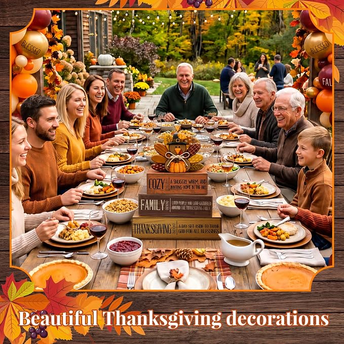 Moucuny 4 Pcs Fall Decorations for Home Wooden Turkey Decor Thanksgiving Tiered Tray Decor Thanksgiving Table Centerpiece Rustic Wooden Pumpkin Turkey Block Sign for Autumn Harvest Party Kitchen Shelf - Image 7