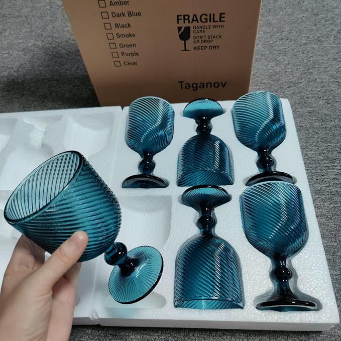 Taganov Blue Water Goblets Glassware Vintage Wine Glasses set of 6 Stem Glasses Drinking Stemware 12 Ounces for Wedding Party Bar Twill pattern 350 ml - Image 7