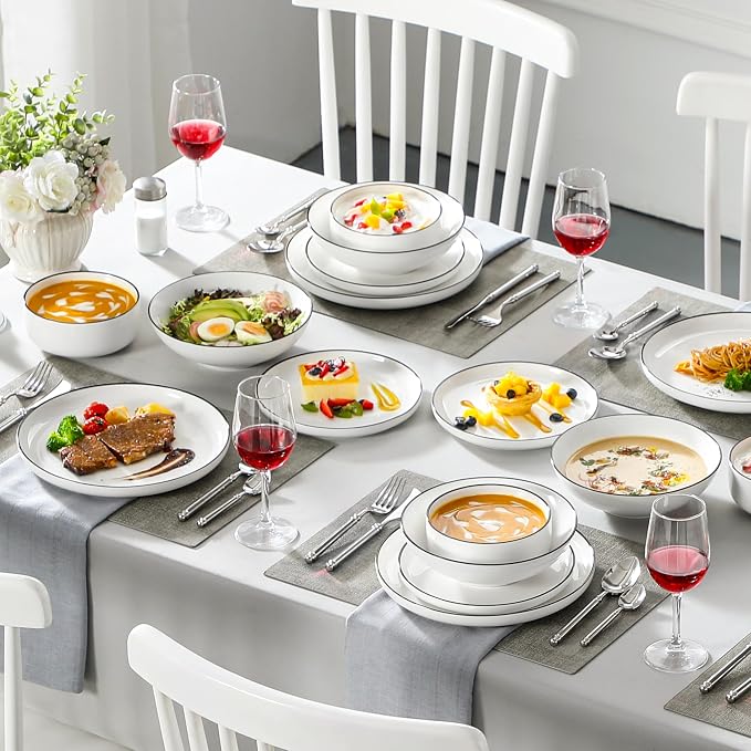 MALACASA 24 Pcs Porcelain Plates and Bowls Sets,Dinnerware Set for 6,White | Modern Ceramic Dishware Set,Kitchen Dining Ware,Microwave and Dishwasher Safe,Simple White with Black Trim Design,Series LUNA - Image 5