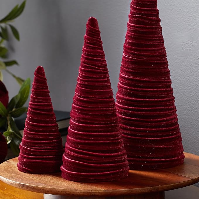 Your Heart's Content Set of 3 Burgundy Velvet Trees, Luxurious Handcrafted Home Decor, Valentine Tabletop Tree, Bookshelf Office, Winter Mantel Accents, Elegant Charm Gift for (Burgundy) - Image 4