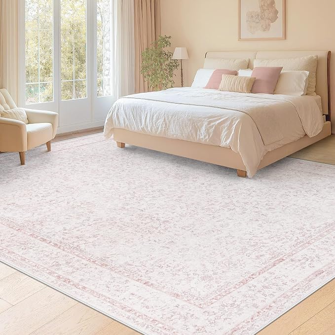 8x10 Area Rugs for Living Room: Washable Large Vintage Floral Rug Low Pile Non-Slip Boho Carpet for Bedroom Home Office Dining Room (Pink, 8'x10') - Image 2