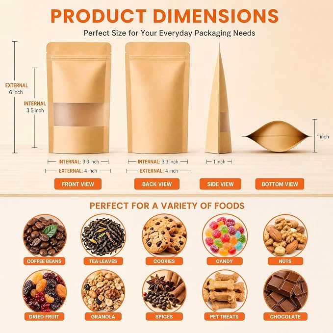 100 Pcs Kraft Paper Bags with Window, 4" x 6" Stand Up Pouches Bags, Food Storage Bags for Packaging Products, Reusable, Sealable - Image 2