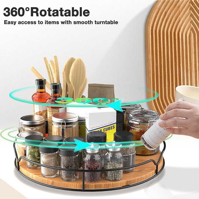 Lazy Susan Turntable Organizer for Cabinet Pantry Kitchen Countertop Refrigerator Cupboard, Pine Wood (Carbonized Black, 14“) - Image 6