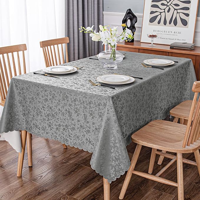 Smiry Rectangle Waterproof Heavy Duty Vinyl Tablecloths, 54 x 108 Inch | Wipeable Washable Floral Embossed Table Cover for Kitchen and Dining Room, Indoor & Outdoor Use, Grey - Image 6