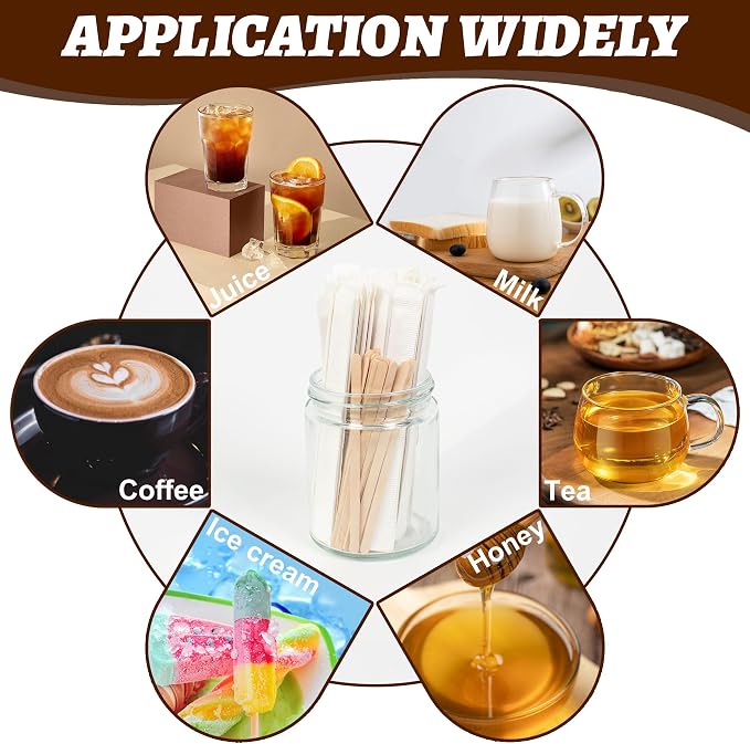 ANTETOK 100Pcs Wooden Coffee Stirrers Paper Wrapped 4.3Inch,Individually Wrapped Disposable Coffee Stir Sticks for Coffee,Tea,Cocktail and Hot Chocolate - Image 6