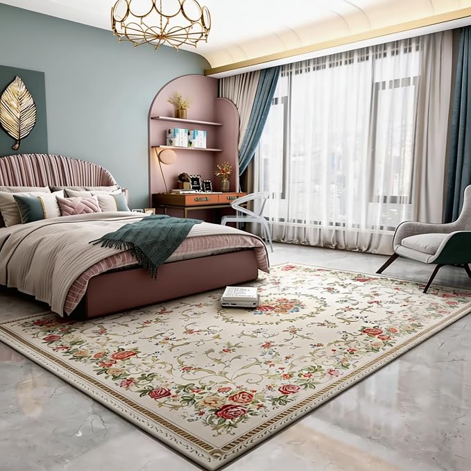 Vintage Rustic Shabby Rose Rug Luxury Soft Elegant Traditional Rugs Accent Floral Floor Rugs Carpet for Home Living Room/Bedroom, 5' x 7', Country Rose - Image 3