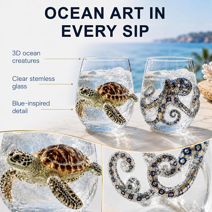Coastal Stemless Wine Glasses Set of 4, 12oz 3D Ocean Animal Artisan Glassware Collection with Unique Sea Life Designs (J - Set of 2) - Image 2