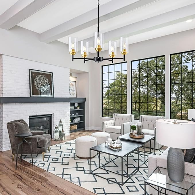 Kitchen Island Lighting - 5 Lights Modern Glass Chandelier for Dining Room, Farmhouse Pendant Light Over Table for Foyer Living Room Bedroom (Black and Gold) - Image 9