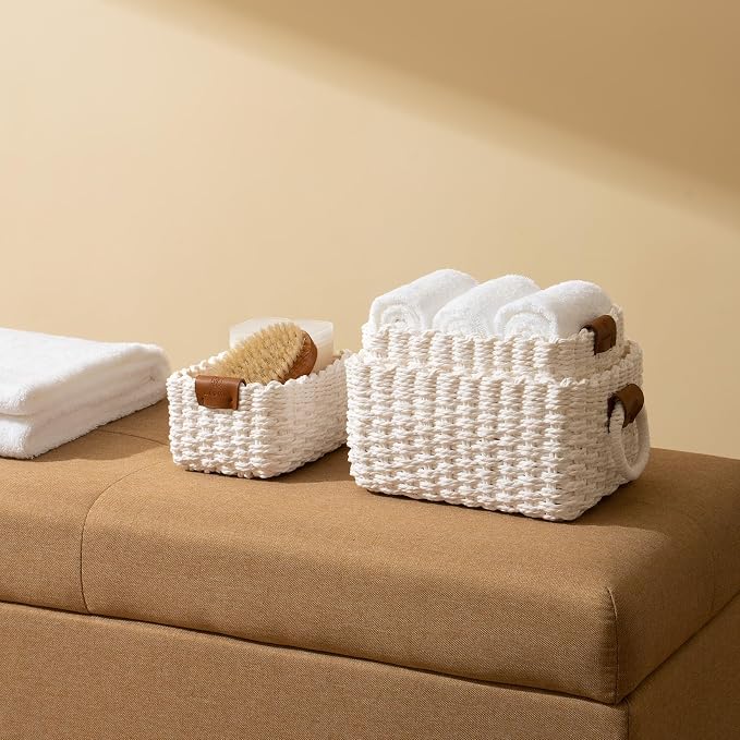 LA JOLIE MUSE Small Wicker Baskets for Organizing, White 3 Pack | Decorative Organizer with Vegan Leather Tag, Round Handle, Storage Baskets for Shelves, Bedroom, Kitchen, Office and Home - Image 3