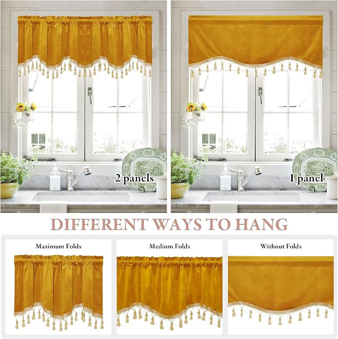 Warm Gold Autumn Tassel Velvet Valances Curtains 52x18 Inch 2 Panels | Rod Pocket Scalloped Tier Curtains, Light Dimming Privacy Protect Window Drapes for Cafe, Holiday Fall Decor - Image 5