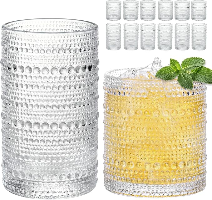 Moretoes Vintage Hobnail Drinking Glasses Set of 12 | 15 Oz Highball Glasses & 10 Oz Cocktail Glasses, Glass Cups Kitchen Bar Tumbler Glassware Set for Whiskey, Beer, Juice, Milk by Moretoes