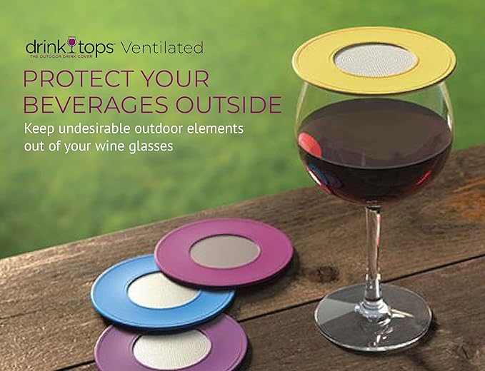 Drink Tops Ventilated Silicone Wine Glass Covers - Weighted Cover Allows air to circulate - Outdoor Glass Protectors prevent particles - BPA Free - 4 Pack