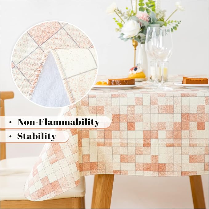 FIFTY FEET 84X60 Inch Rectangle Tablecloth, Vinyl Tablecloth with Flannel Backing Waterproof Table Cloth, Spill Proof Picnic Table Cover for Outdoor/Indoor/Camping/Dining(Beige Plaid) - Image 8