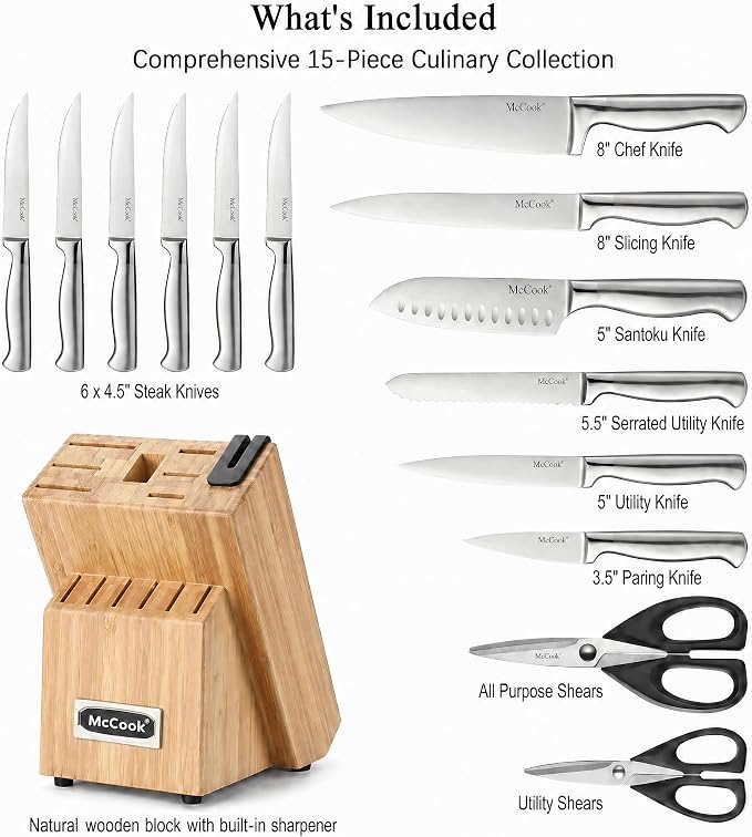 McCook Knife Set Kitchen Steel Knife Block Set w Built-in Sharpener | German Forged Stainless Steel,15 PC,Razor Sharp,Non-Stick&Anti-Rust,Ergonomic Handle,Full Tang,Gift Box - Image 2