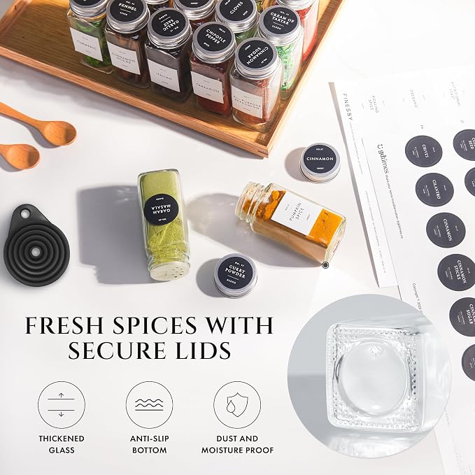 FINESSY Thick Glass Spice Jars With Airtight Lids And Labels 4oz 24 Pack | Empty Spice Containers with Metal Lids, Sift / Pour Shaker Inserts, Waterproof Labels (200 Pre-Printed, 40 Blank) And Funnel - Image 5