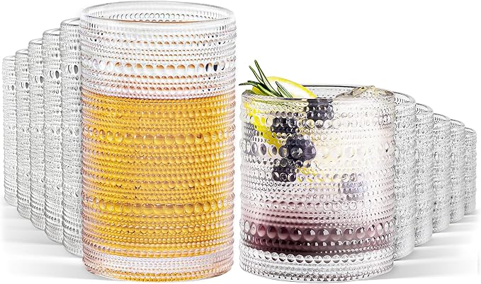 Hobnail Drinking Glasses Set of 12, 12 oz Highball Glassware & 10 oz Cocktail Glasses, Vintage Embossed Beaded Glass Cups for Kitchen,Beer,Soda, Whiskey,and Beverages,Dishwasher Safe by Unknown