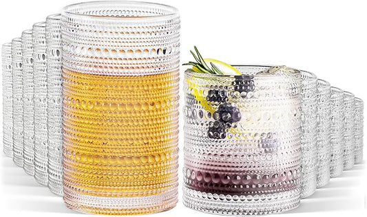 Hobnail Drinking Glasses Set of 12, 12 oz Highball Glassware & 10 oz Cocktail Glasses, Vintage Embossed Beaded Glass Cups for Kitchen,Beer,Soda, Whiskey,and Beverages,Dishwasher Safe by Unknown