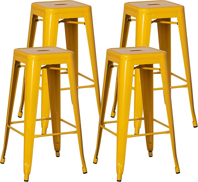4-pcs 30-inch Backless Metal Bar Stool Stackable Heavy-Duty Counter-Height Chair for Home Bars Patios Kitchen Islands Cafes Restaurants Bistros and Dining Areas for Indoor & Outdoor, Yellow by Basicwise