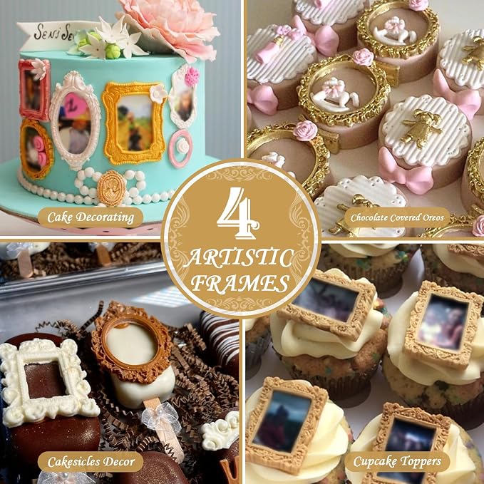 HKNMTT Picture Frame Molds Silicone Baroque Vintage for Fondant Candy Clay Covered Oreo Cake Photo Decorating Cupcake Toppers, 4 Shaped Round Square Frame Moulds Craft DIY Supplies Set - Image 6
