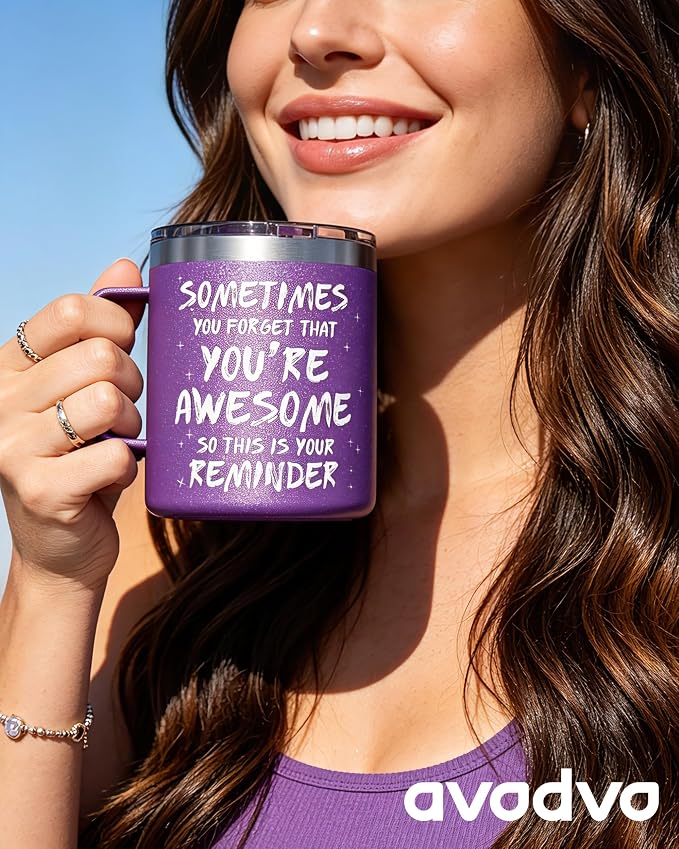 Inspirational Coffee Mug for Women, 12oz Insulated Stainless Steel Mug with Handle & 2 Lids – Sometimes You Forget You’re Awesome, Birthday & Appreciation Gift for Friend, Coworker, Purple - Image 5