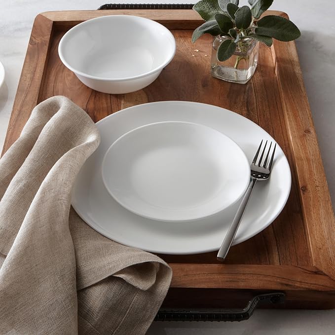 Corelle Vitrelle 18-Piece Service for 6 Dinnerware Set Triple Layer Glass and Chip Resistant, Lightweight Round Plates and Bowls Set, Winter Frost White - Image 2