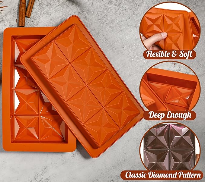Webake 1 Inch Deep Dubai Chocolate Bar Mold Deep with Diamond Shapes, Silicone Large Stuffed Chocolate Bar Mold Thick, Big Chocolate Candy Bar Mold for Filling Knafeh Pistachio, Pack of 2