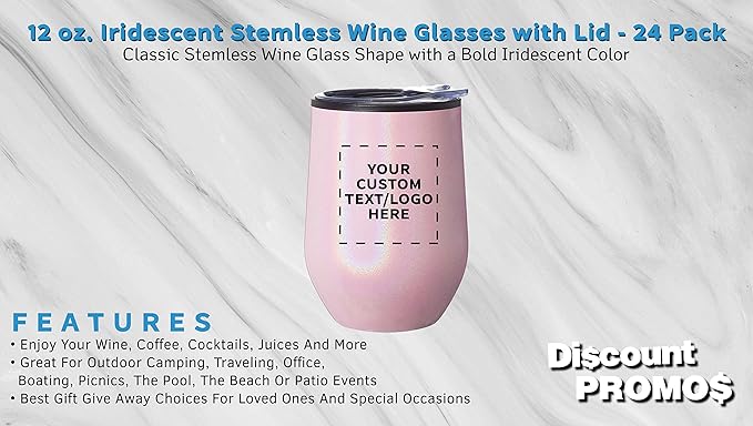Custom Palmera Stemless Wine Tumblers with Lids 12 oz. Set of 24, Personalized Bulk Pack - Perfect for Wine, Cocktails, Other Hot & Cold Beverages - Iridescent Pink