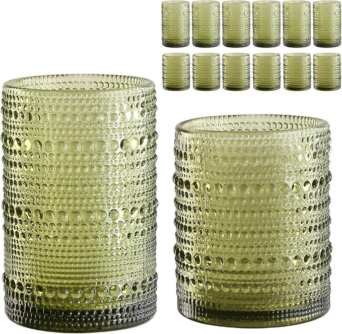 ZMOWIPDL Drinking Glasses Set of 12,Green 12oz & 15oz Hobnail Glass Cups | Vintage Glassware，Embossed Water Tumbler,for Beer,Cocktail,Whiskey,Juice and Various Mixed Drinks- 1 Cleaning Brush by ZMOWIPDL