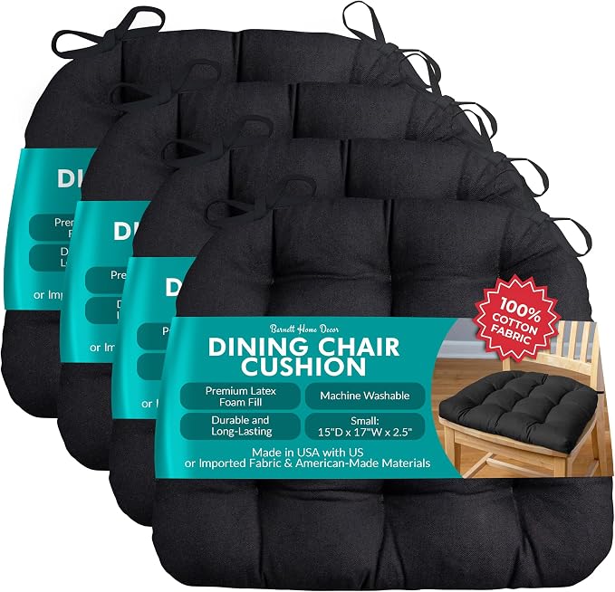Barnett Home Decor Chair Cushions for Dining Chairs - 15x17 Kitchen Chair Cushions - Machine Washable, 100% Cotton, Made in USA - Latex Foam Comfort Chair Pads - Cotton Duck Black Small Pack of 4 by BarnettHomeDecor