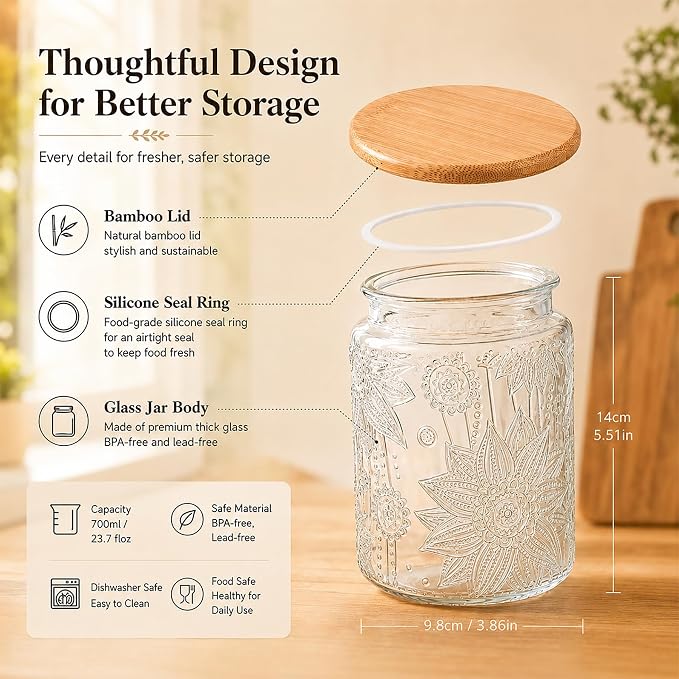Vintage Glass Jar with Bamboo Lid, 23.7 FL oz - Airtight Decorative Food Storage Canisters for Kitchen Counter, Ideal for Candy, Sugar, Coffee, Cookies (Sunflower*2) - Image 4