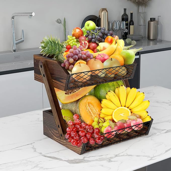 Dorhors Fruit Basket for Kitchen Counter Organizer,Fruit Bowl Stand Storage | 2 tier Rustic Brown Vegetable Holder,Wood Bread Display Rack,Kitchen Countertop Organizer Shelf for Snack,Onion,Banana,Potato - Image 2